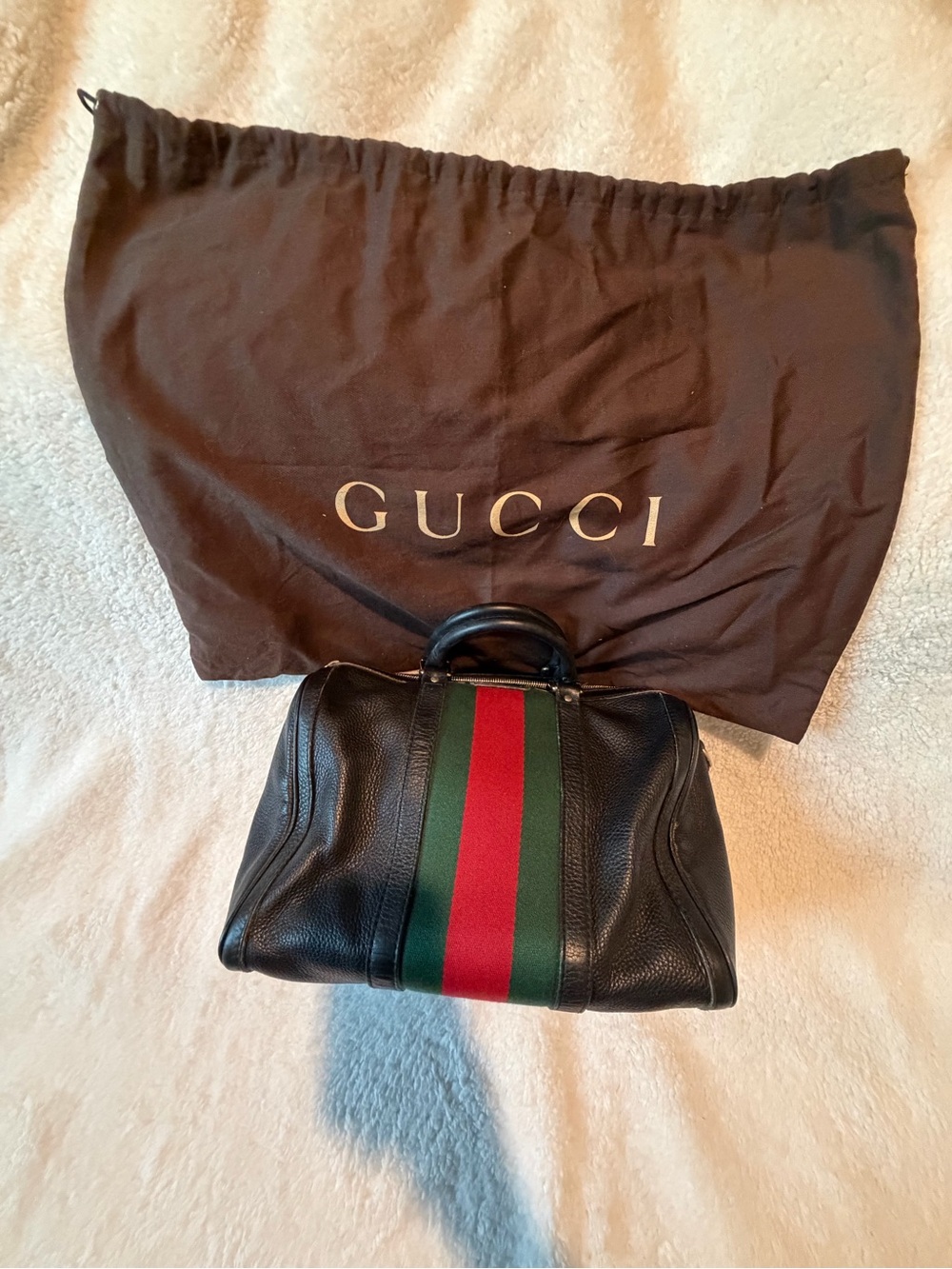 Closet clean out!
Vintage Gucci Black Leather Boston Bag with Green and Red Web